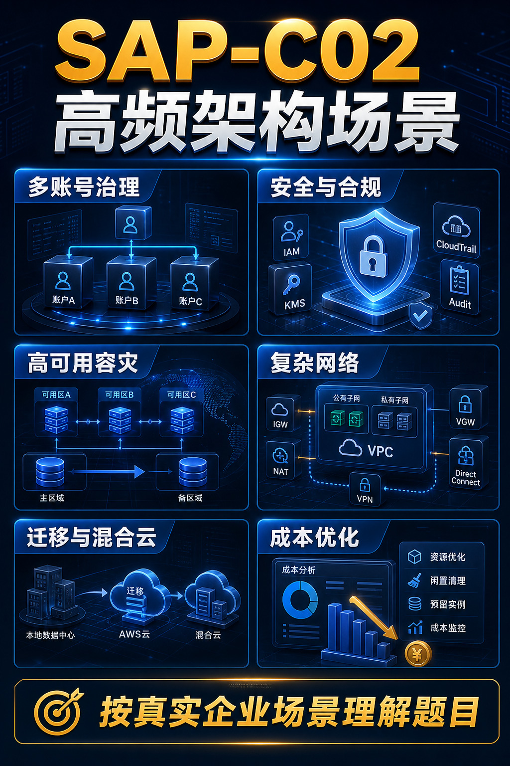 AWS SAP-C02 高频架构场景:多账号治理 安全 网络 高可用 迁移 成本优化